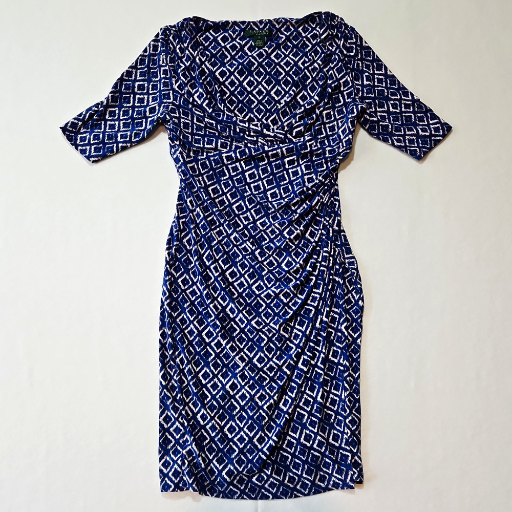 Lauren Ralph Lauren Blue/White Geometric Ruched Wrap Sheath Dress V-Neck 8